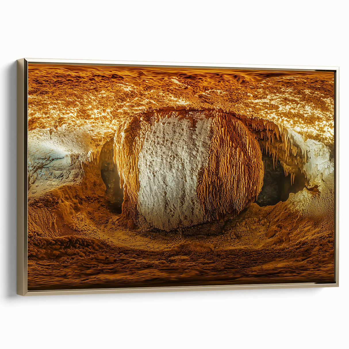 Framed canvas artwork showcasing a stunning cave landscape design with golden accents, elegantly displayed from a side view to highlight its texture and depth.