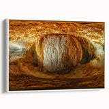 Framed canvas artwork showcasing a stunning landscape with intricate cave formations, displayed from a white side view perspective, perfect for home decor.