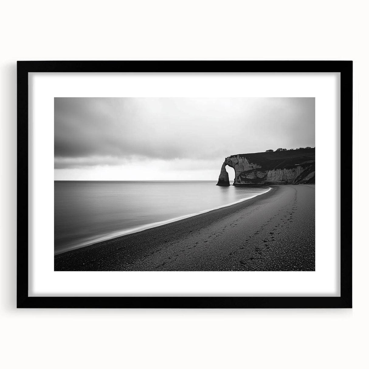 Framed landscape artwork showcasing dramatic cliffs in vibrant colors, with a sleek black mat and frame enhancing the visual appeal, perfect for home decor.