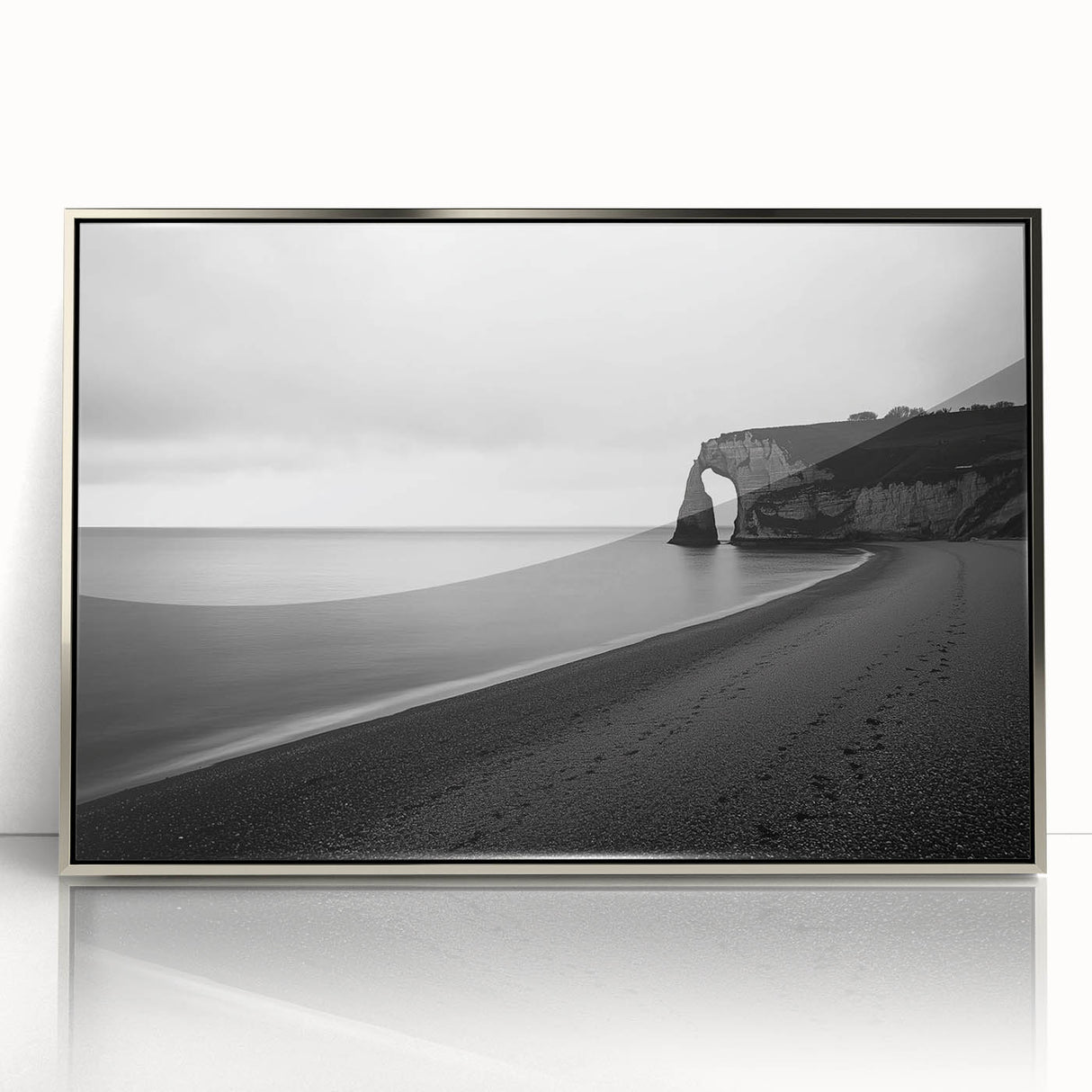 Framed acrylic print showcasing a stunning landscape of rugged cliffs under a clear blue sky, with silver accents enhancing the modern decor aesthetic. Perfect for elevating interior design in homes or offices.