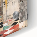 Close-up view of abstract architecture wall art printed on acrylic glass, showcasing vibrant geometric patterns and textures, ideal for modern decor.
