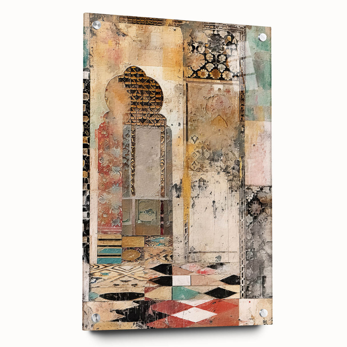 Abstract architectural wall art print on acrylic glass, showcasing a modern design with vibrant colors, mounted with stylish pins for an elegant display.