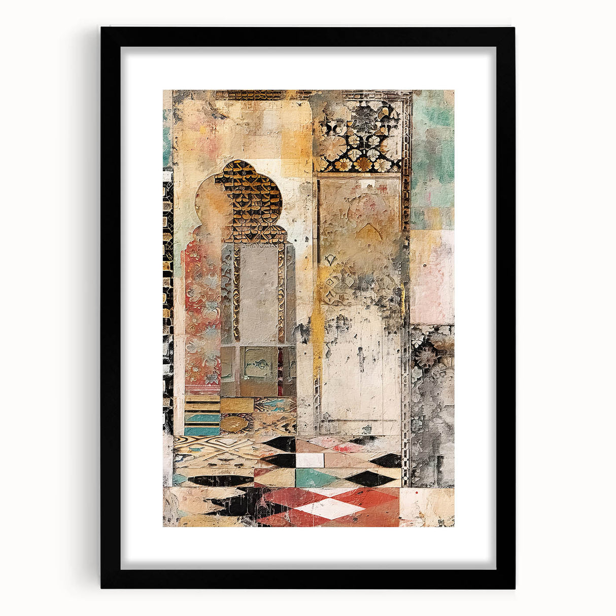Abstract architectural wall art framed in black with a white mat, showcasing geometric shapes and lines for a modern decor style. Perfect for contemporary interiors, this artwork adds a sophisticated touch to any space.