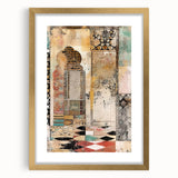 Abstract wall art showcasing modern architectural elements in gold and white, presented in a sleek frame with a mat. Perfect for contemporary home decor.