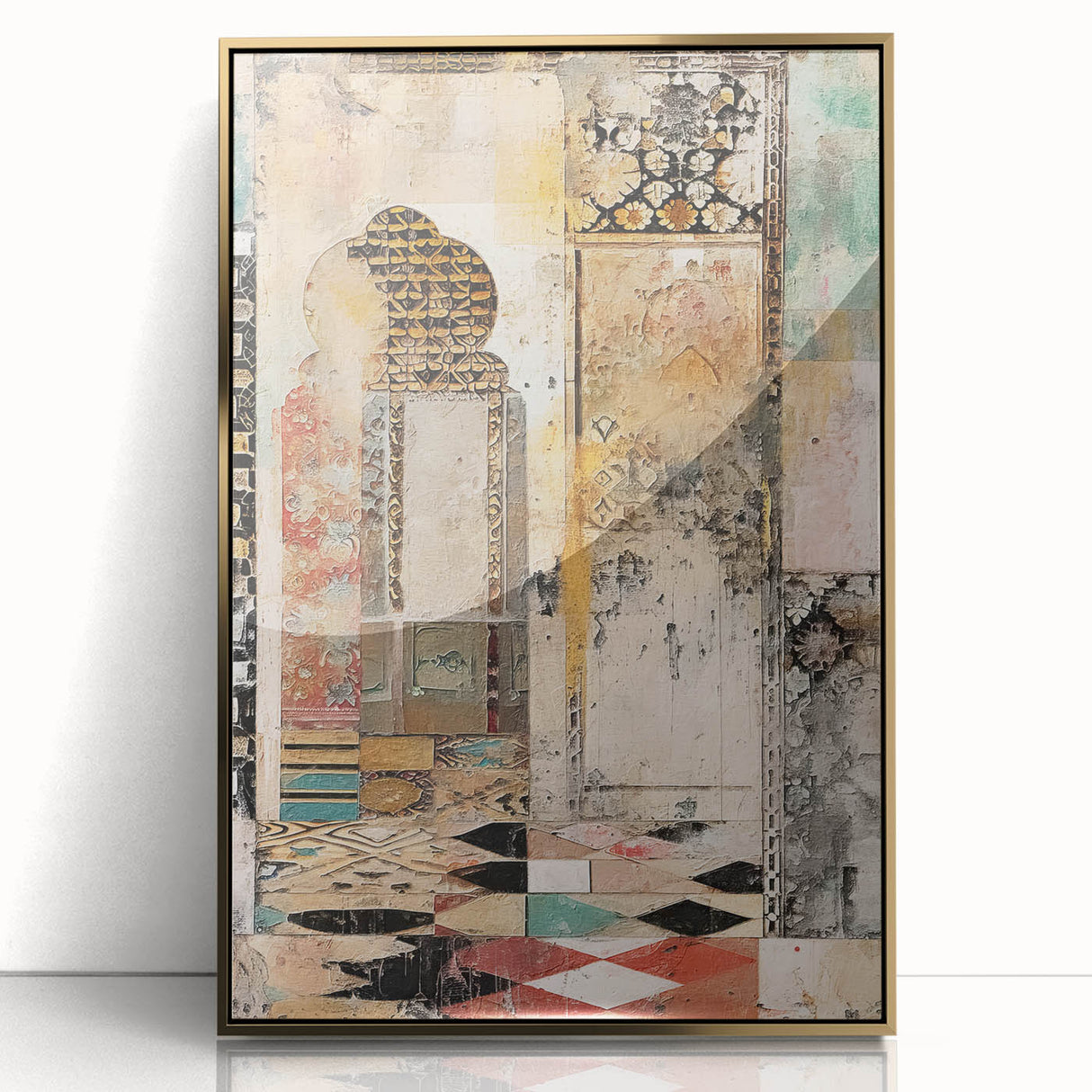 Framed abstract architecture wall art showcasing a gold-accented design, elegantly displayed with a sleek acrylic front, perfect for modern home decor.