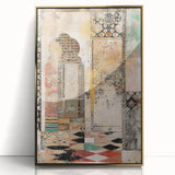 Framed abstract architecture wall art showcasing a gold-accented design, elegantly displayed with a sleek acrylic front, perfect for modern home decor.