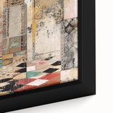 Close-up of abstract architecture wall art featuring vibrant geometric shapes and bold colors on a framed canvas, perfect for modern interior decor.