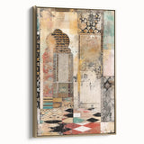 Framed abstract architecture wall art showcasing a gold color scheme, highlighting geometric shapes and modern design, ideal for contemporary decor. This piece adds elegance and sophistication to any living space or office environment.