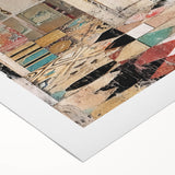 Abstract wall art design showcasing geometric shapes and lines in muted tones of blue and beige, printed on rolled canvas, perfect for modern home decor.