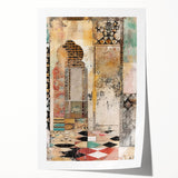 Abstract architectural wall art print showcasing intricate geometric patterns in vibrant blue, orange, and yellow hues, rolled for easy shipping. Ideal for modern decor.