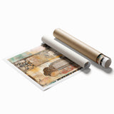 Abstract architecture wall art print showcasing geometric shapes in vibrant blue and orange hues, rolled and ready for framing, perfect for modern decor.