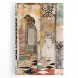 Abstract architecture wall art on stretched canvas displays a vibrant geometric design in shades of blue, gold, and white, perfect for modern home decor.