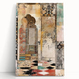 Abstract architectural wall art on a stretched canvas, showcasing vibrant geometric shapes in shades of blue and gold, leaning against a neutral wall. Ideal for modern decor.