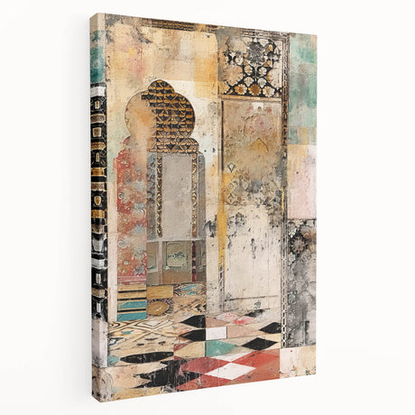 Abstract architectural wall art on stretched canvas, showcasing bold geometric shapes in vibrant colors, perfect for modern home decor. Side view highlights the canvas's depth and texture, enhancing its visual appeal.