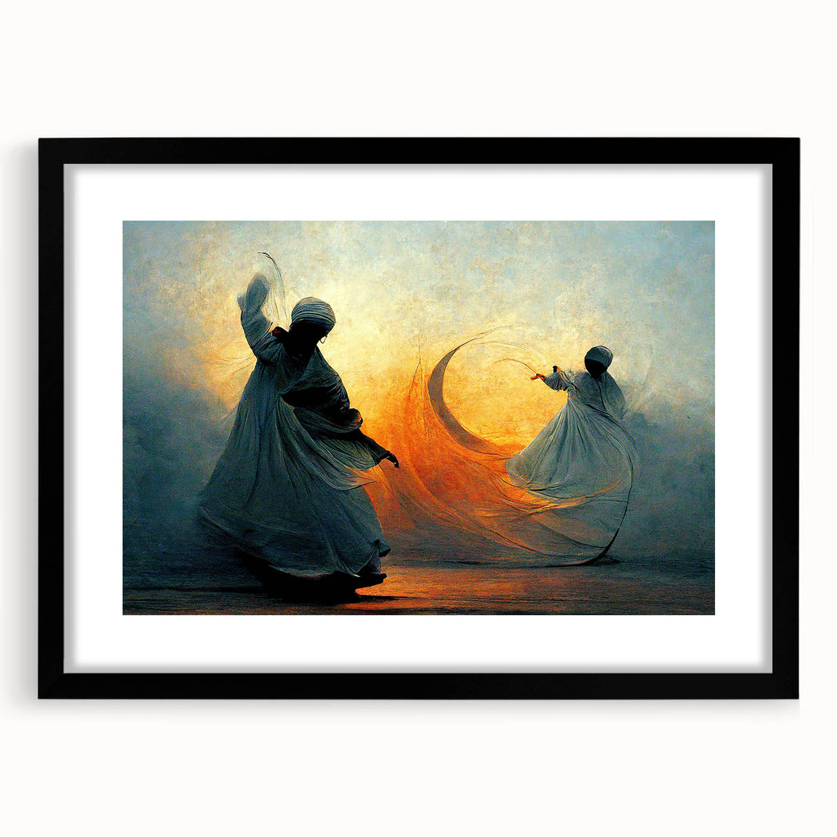 Abstract figurative wall art framed in black with a mat, showcasing vibrant colors and dynamic shapes, perfect for modern home decor or office spaces.