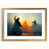 Abstract figurative wall art featuring a gold frame and mat, showcasing vibrant colors and dynamic shapes, perfect for modern home decor.