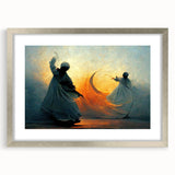 Abstract figurative wall art framed in silver with a mat, showcasing vibrant colors and dynamic shapes, ideal for modern decor in living spaces.