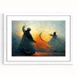 Abstract figurative wall art framed in white with a mat, showcasing vibrant colors and dynamic shapes, perfect for modern home decor or gallery settings.