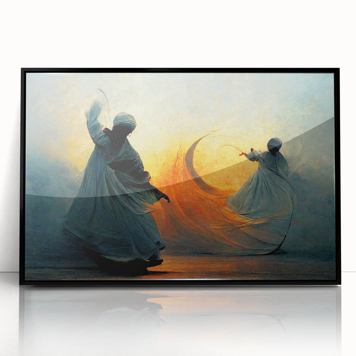 Abstract figurative wall art in a sleek black frame, showcasing vibrant colors and dynamic shapes, perfect for modern interior decor and artistic expression.