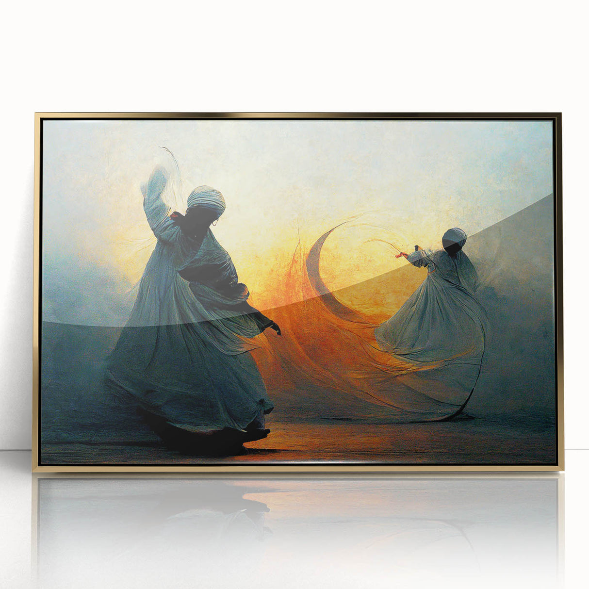 Framed abstract figurative wall art in gold acrylic, showcasing elegant shapes and vibrant colors, perfect for modern home décor. Ideal for enhancing living spaces.