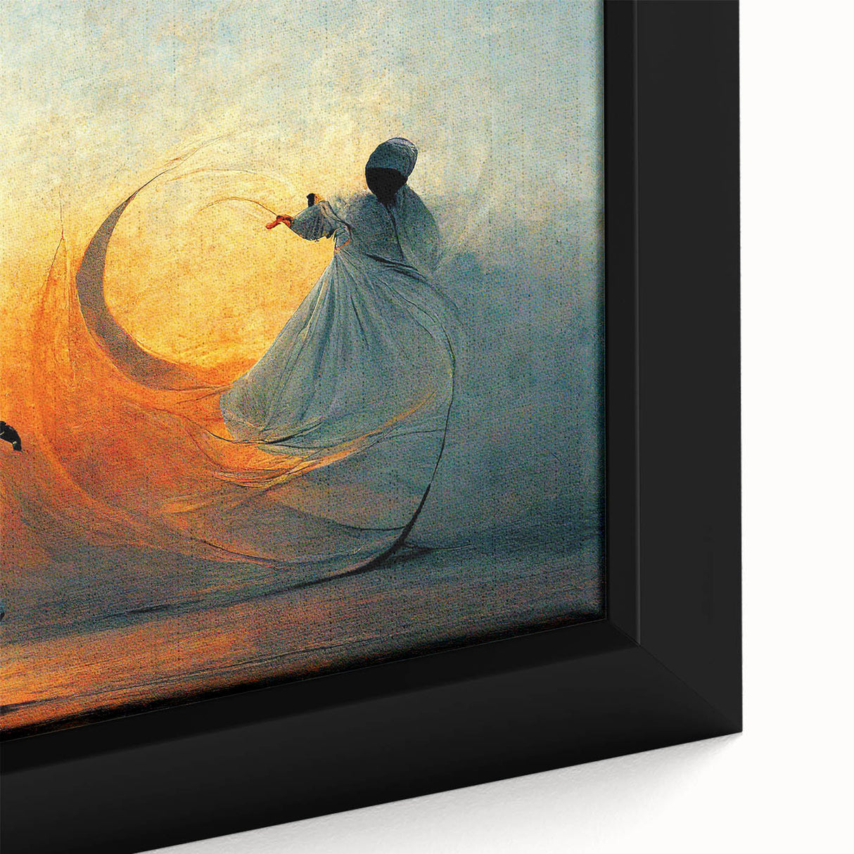 Close-up of a framed abstract figurative wall art piece showcasing vibrant colors and dynamic shapes, ideal for modern home decor and artistic expression.