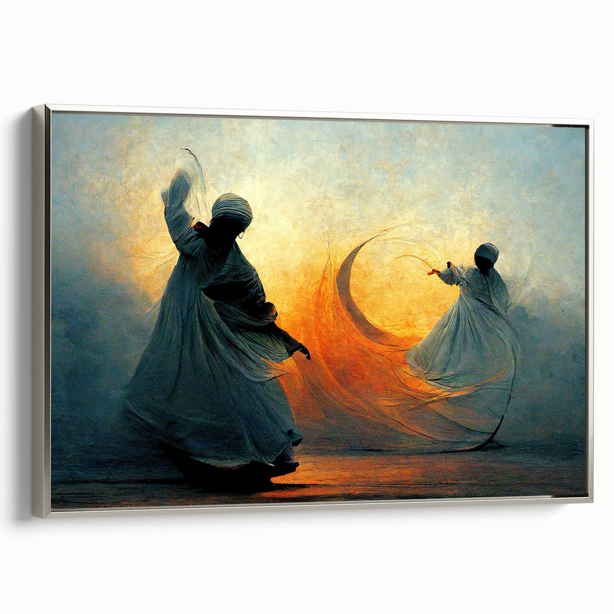 Abstract figurative wall art framed in silver, showcasing vibrant colors and dynamic shapes, perfect for modern home decor. The canvas is beautifully set against a neutral backdrop, enhancing its artistic appeal.