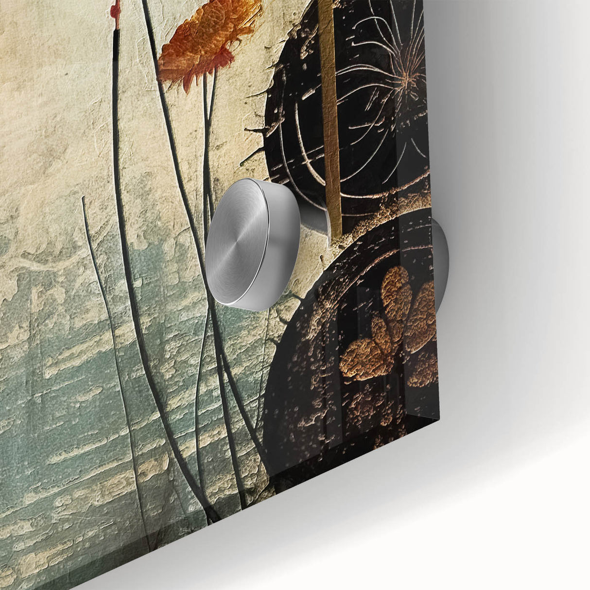Close-up view of abstract floral wall art design on acrylic glass, showcasing vibrant colors and intricate details that enhance modern decor aesthetics. Perfect for adding a touch of elegance to any room.