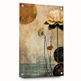 Abstract floral wall art displayed in acrylic glass, showcasing vibrant colors and intricate designs, secured with decorative pins on a neutral background.