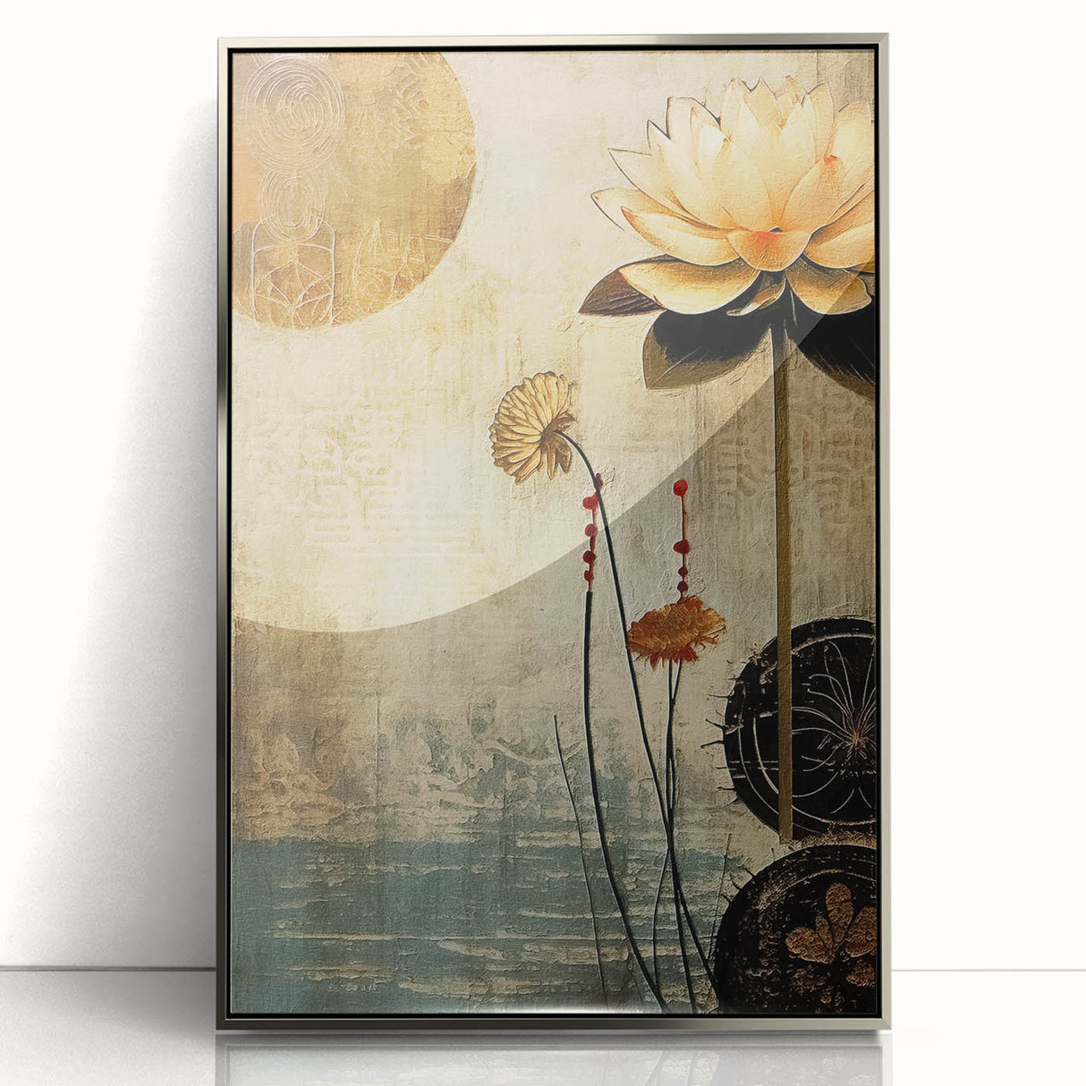 Framed abstract floral wall art featuring vibrant colors and intricate designs, set in a sleek silver frame, perfect for modern home decor.