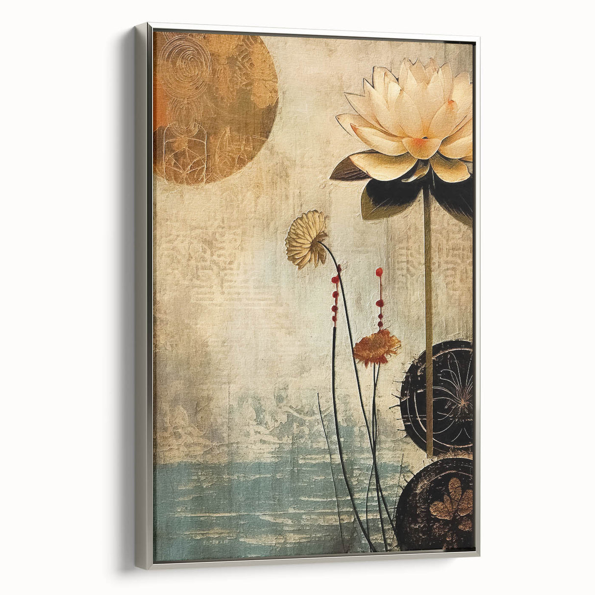 Framed abstract floral wall art in silver, showcasing vibrant colors and intricate designs, presented in a stylish side view, ideal for modern decor.