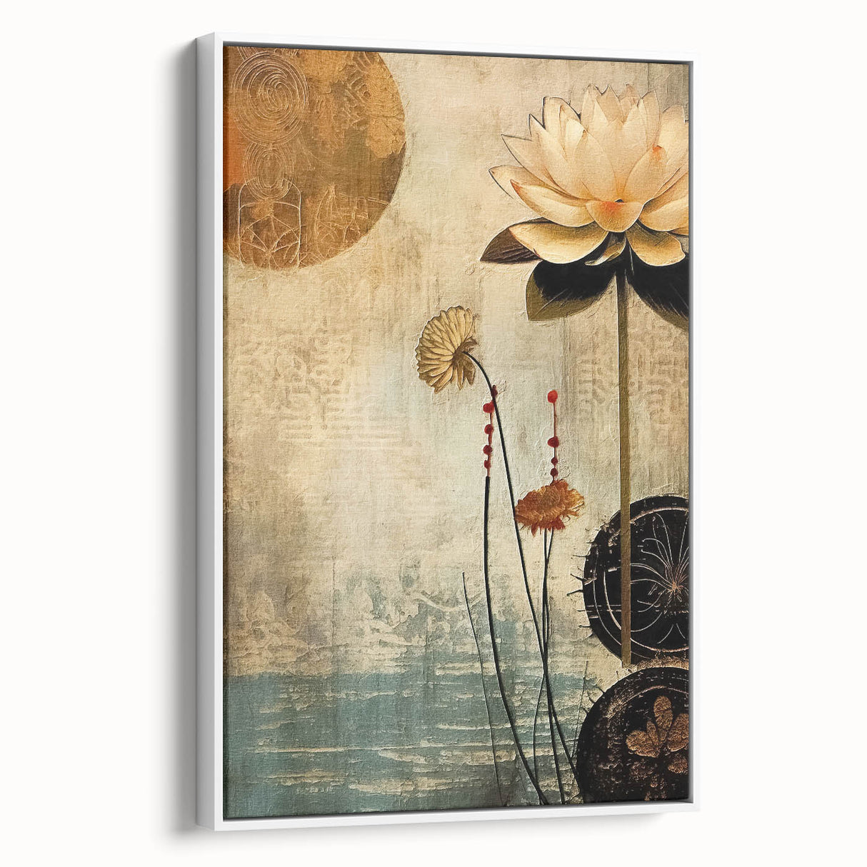 Framed canvas wall art showcasing an abstract floral design with vibrant colors against a white background, viewed from the side for depth and perspective. Ideal for modern home decor, this piece enhances any room's aesthetic appeal.