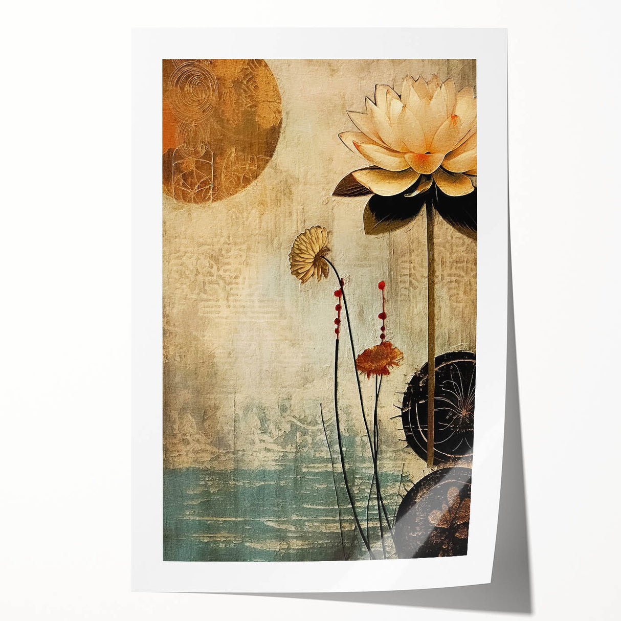 Vibrant abstract floral wall art print showcasing bold colors and intricate patterns, rolled for easy display and shipping in a protective cardboard tube.