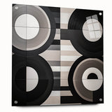 Abstract geometric acrylic glass artwork in vibrant colors, showcasing a side view with visible pins, ideal for modern interior decor or art collections.