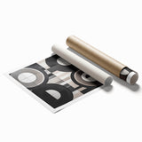 Vibrant abstract geometric design rolled canvas print showcasing bold colors and intricate patterns, ideal for modern home decor, packaged securely in a cardboard tube.