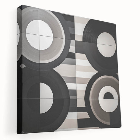 Abstract geometric stretched canvas artwork showcasing vibrant colors and intricate patterns, viewed from the side, ideal for modern home decor. Perfect for adding a contemporary touch to any living space.