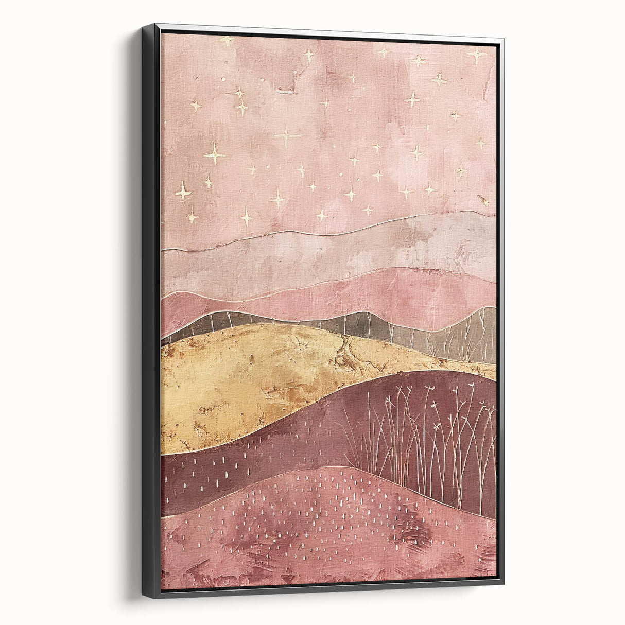Framed abstract landscape wall art showcasing a black side view, featuring bold colors and modern design elements, ideal for contemporary home decor.
