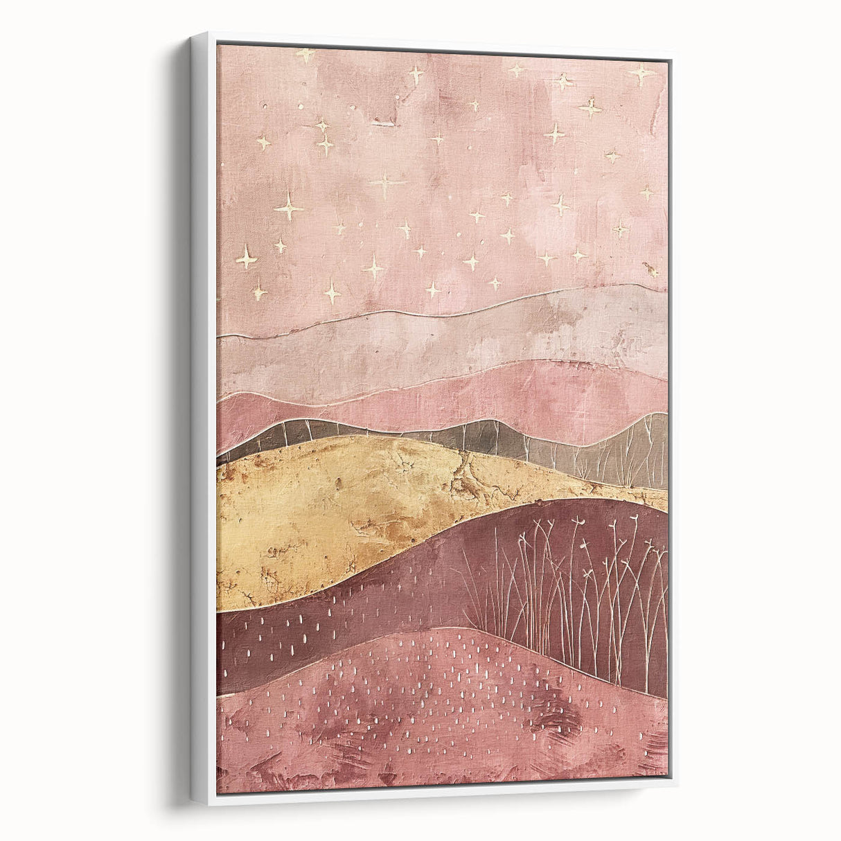 Framed abstract landscape wall art in a white frame, showcasing vibrant colors and dynamic shapes, perfect for modern home decor. Ideal for enhancing living spaces.
