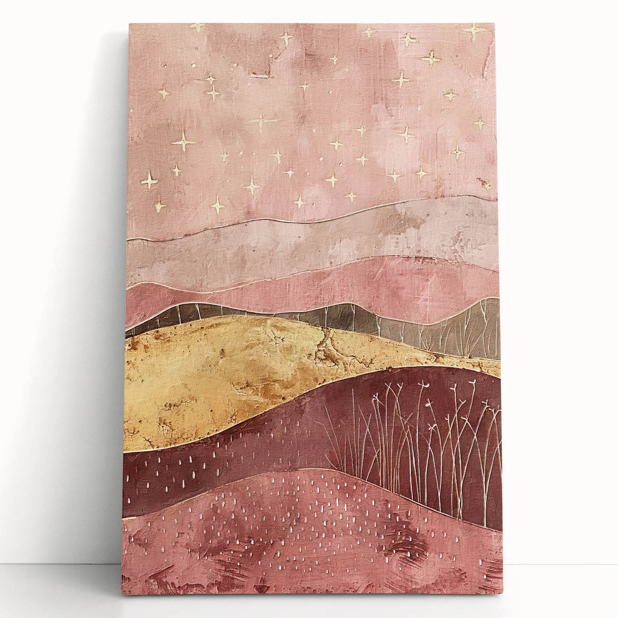 Abstract landscape wall art on stretched canvas, showcasing vibrant colors and dynamic shapes. Ideal for modern decor, enhancing any living space with artistic flair.