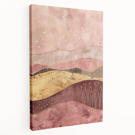 Abstract landscape wall art on stretched canvas showcasing vibrant colors and intricate patterns, viewed from the side, perfect for modern home decor.