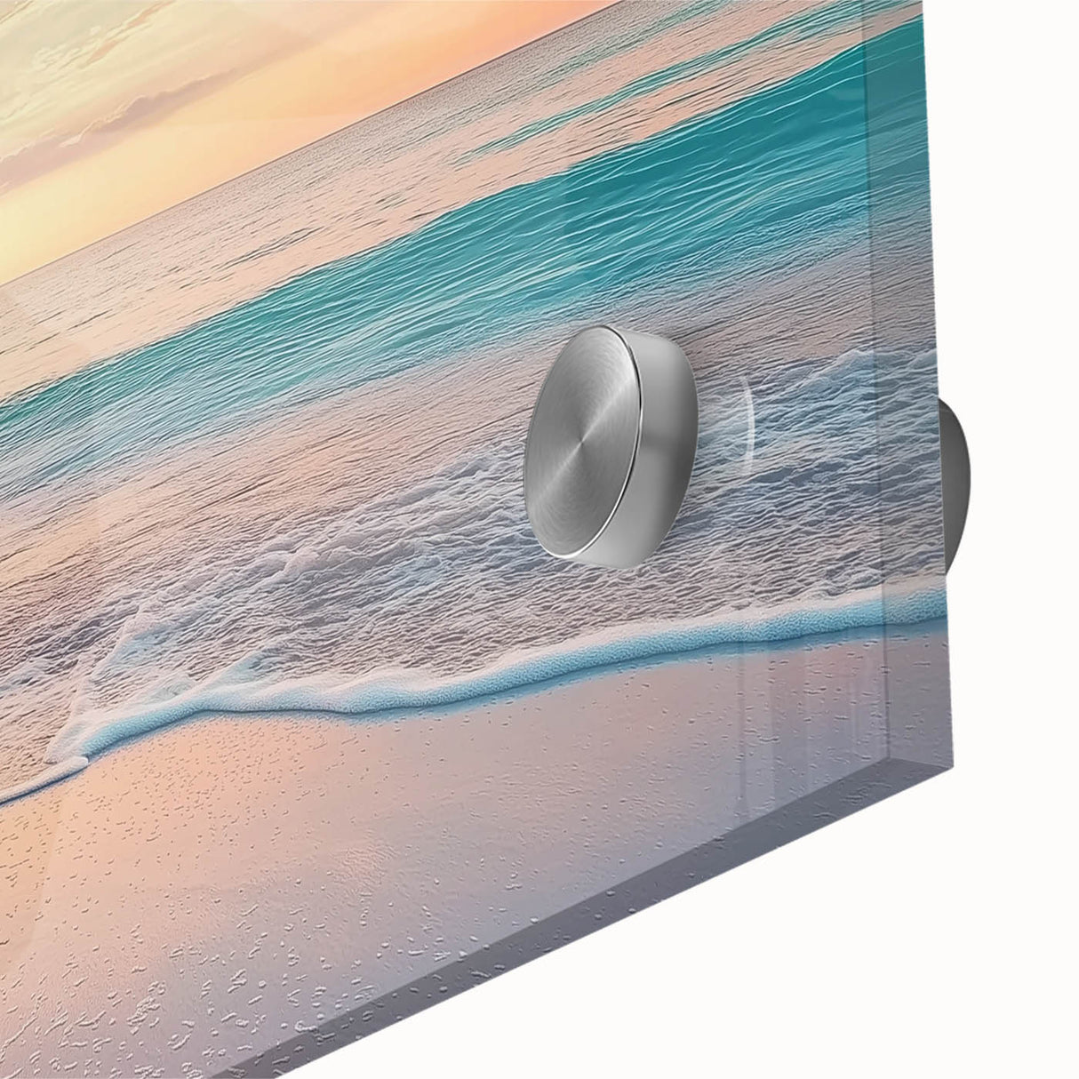 Close-up of a vibrant acrylic landscape artwork depicting serene beaches with vivid blue waters and golden sands, ideal for coastal decor enthusiasts.