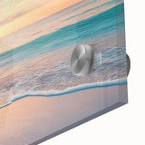 Close-up of a vibrant acrylic landscape artwork depicting serene beaches with vivid blue waters and golden sands, ideal for coastal decor enthusiasts.