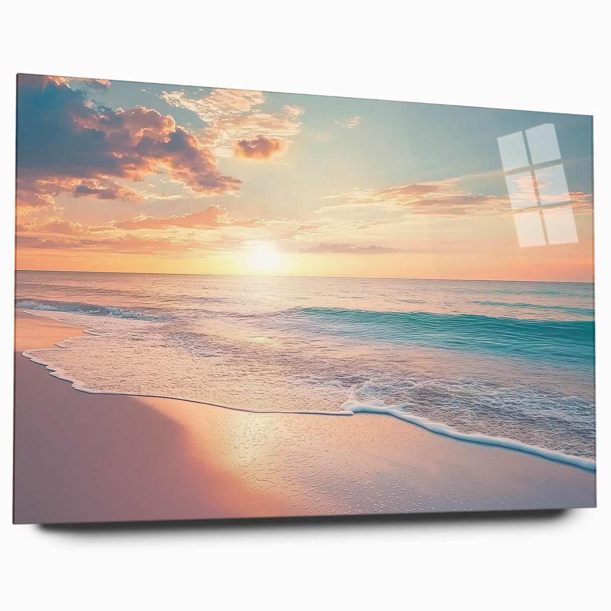 Acrylic glass artwork depicting a serene beach landscape with vibrant colors and fine details, showcasing a side view without pins, perfect for coastal decor.