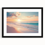 Framed landscape artwork depicting serene beach scenery with vibrant colors, black matting, and a sleek black frame, ideal for coastal home decor.