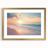Landscape artwork featuring a serene beach scene framed in elegant gold with a mat, ideal for home décor. Perfect for coastal or minimalist aesthetics.