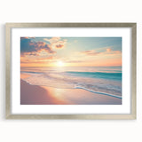 Framed landscape artwork depicting serene beach scenery with soft waves and clear skies, featuring a silver mat for an elegant presentation, ideal for coastal decor.