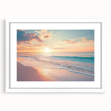 Framed landscape artwork depicting serene beaches in soft pastel colors, featuring a white mat border and a sleek wooden frame, ideal for coastal decor.