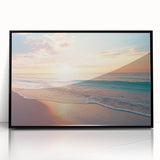 Framed acrylic artwork showcasing a serene beach landscape with vibrant colors, set in a sleek black frame, perfect for enhancing modern home decor.