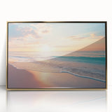 Framed acrylic artwork showcasing a vibrant beach landscape with golden accents, perfect for coastal home decor. Ideal for enhancing living spaces with a serene vibe.