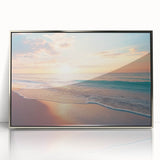 Framed acrylic artwork depicting a serene beach landscape with vibrant colors, showcasing gentle waves and soft clouds, perfect for coastal-themed decor.
