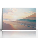 Framed acrylic artwork depicting a serene beach landscape, featuring soft pastel colors and gentle waves, ideal for home decor and coastal-themed interiors.